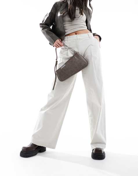 ONLY high waist wide fit pants with pleat detail in stone - view 1