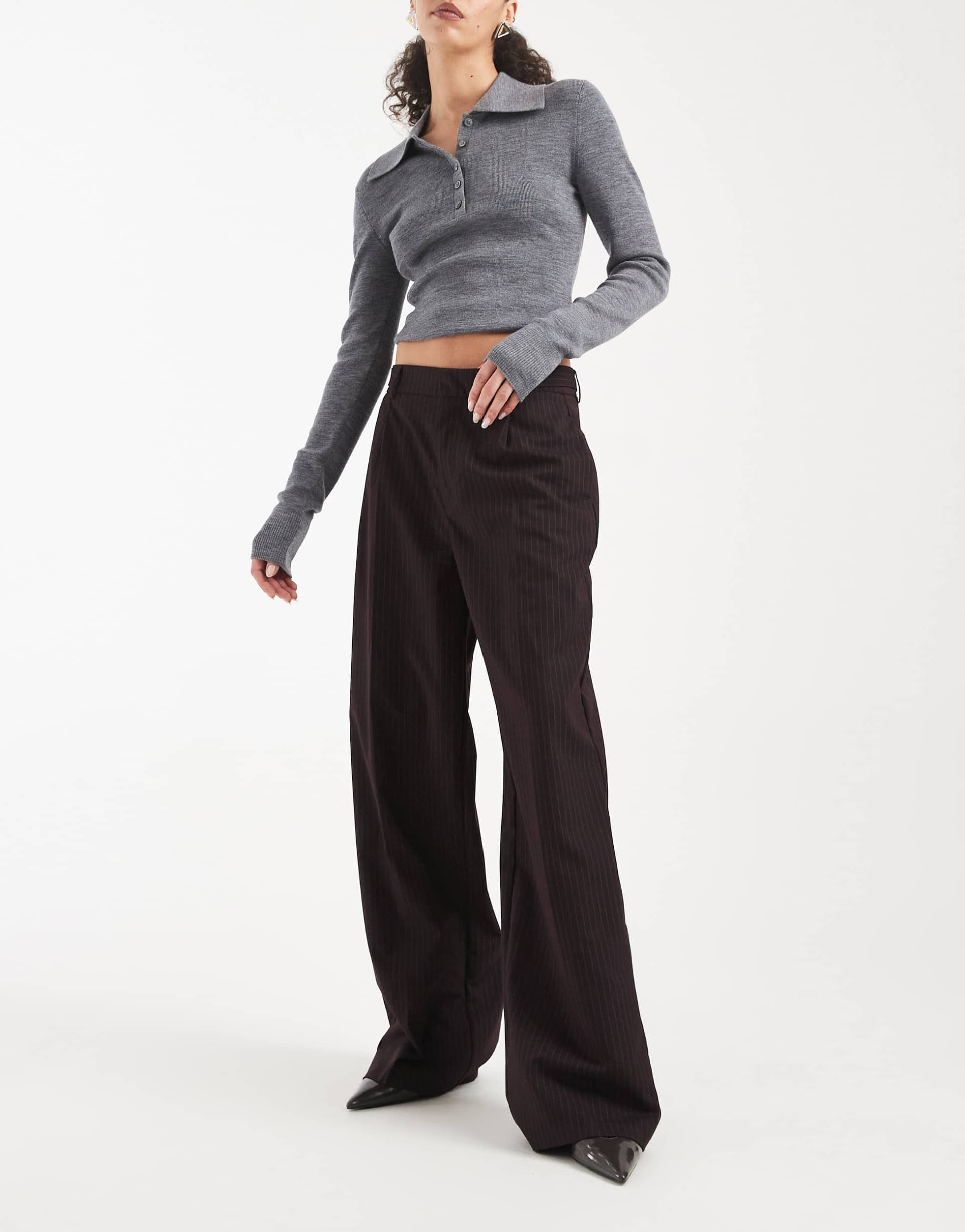 only high waist wide leg tailored pants pants in brown pinstripe
