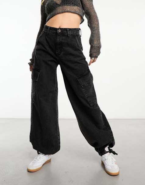 ONLY high waisted cargo jeans in washed black - view 1