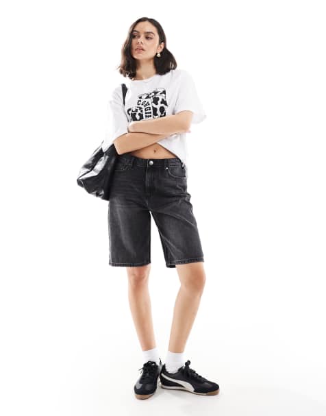 ONLY high waisted denim jort in washed black - view 1