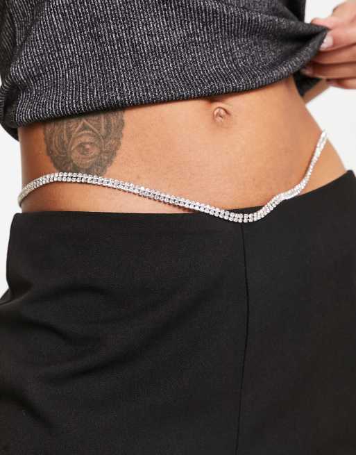 Only high waisted diamante belly chain pants in black