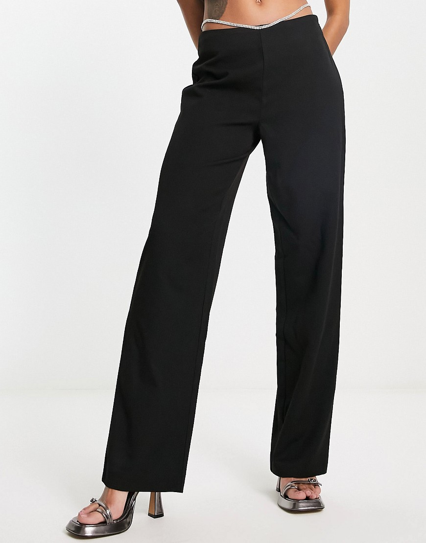 Only high waisted diamante belly chain trousers in black