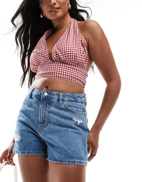 ONLY high waisted distressed denim mom shorts in mid blue  - view 1
