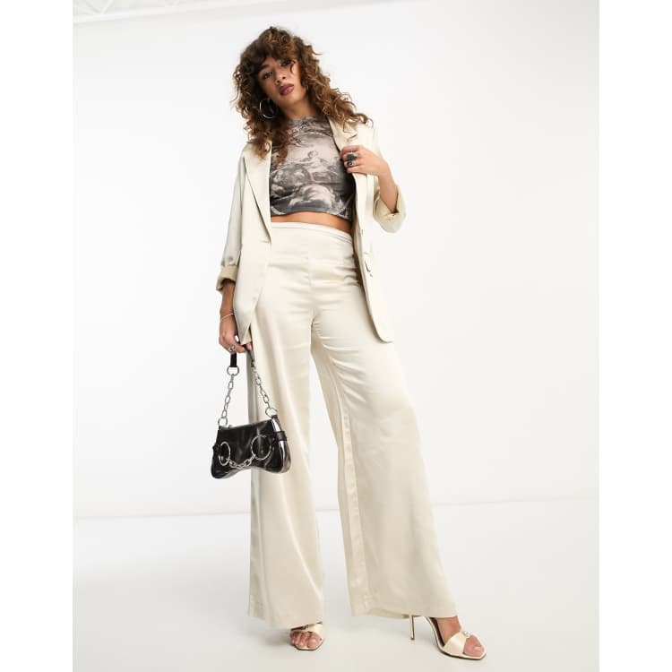 Cream Satin Palazzo Pants, Pants