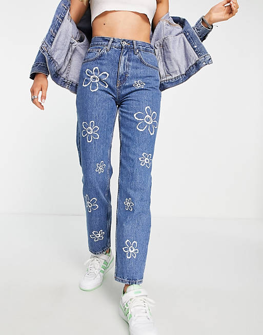 Only high waisted straight leg jean with flower print in light blue | ASOS