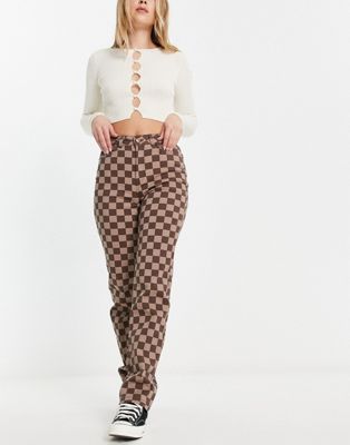 ONLY high waisted straight leg trousers in brown checkerboard