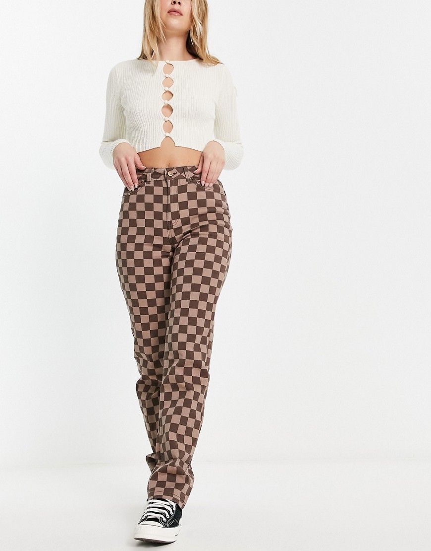 ONLY high waisted straight leg trousers in brown checkerboard-Multi