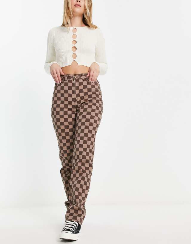 ONLY - high waisted straight leg trousers in brown checkerboard