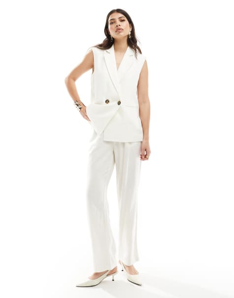 ONLY high waisted straight linen mix trouser co-ord in cream - view 1