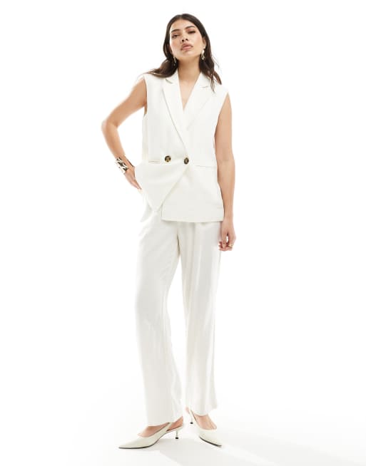 ONLY high waisted straight linen mix trouser co-ord in cream 