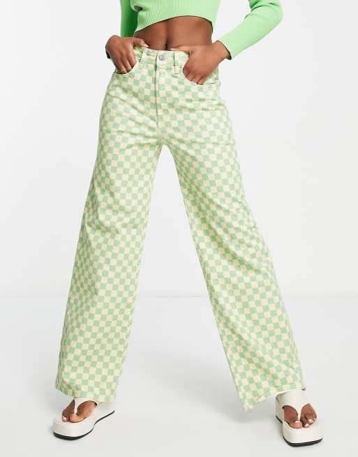 Olive Green and White Checkered High-Waisted Bottoms