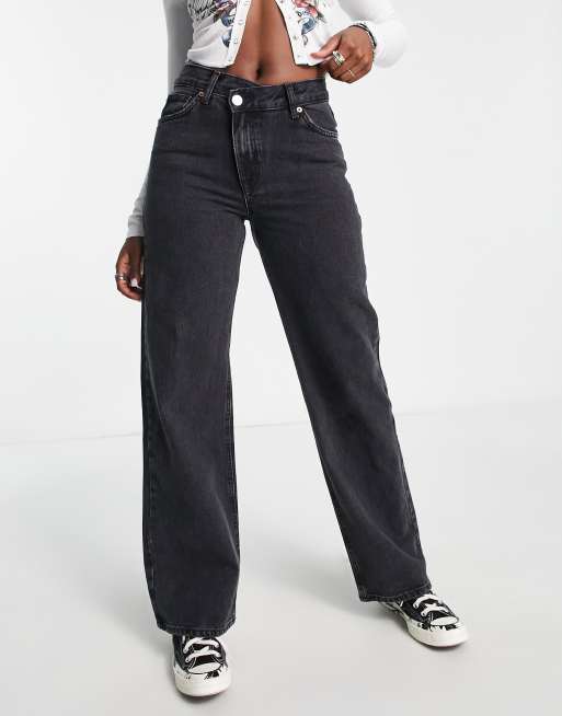 Only high waisted wide leg jeans with uneven closure in black | ASOS