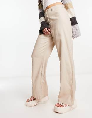 ONLY ONLY high waisted wide leg linen trousers in beige-Neutral
