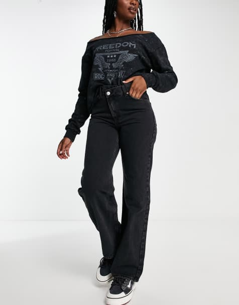 Only Hillary wrap front straight leg jeans in dark gray wash - view 1