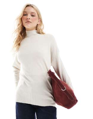 ONLY - Hochgeschlossener, gerippter Longline-Pullover in Creme-Weiß