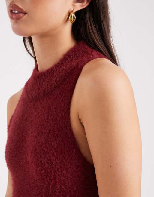 ONLY – Hochgeschlossenes, flauschiges Minikleid aus Strick in Burgunderrot, 3 von 4
