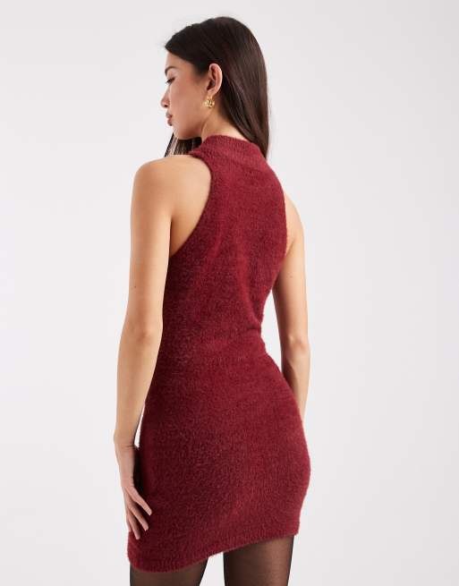 ONLY – Hochgeschlossenes, flauschiges Minikleid aus Strick in Burgunderrot, 4 von 4