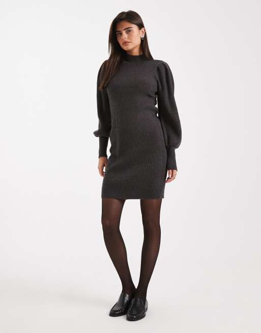 Only – Hochgeschlossenes, kurzes Pulloverkleid in Dunkelgrau mit Puffärmeln , 3 von 4