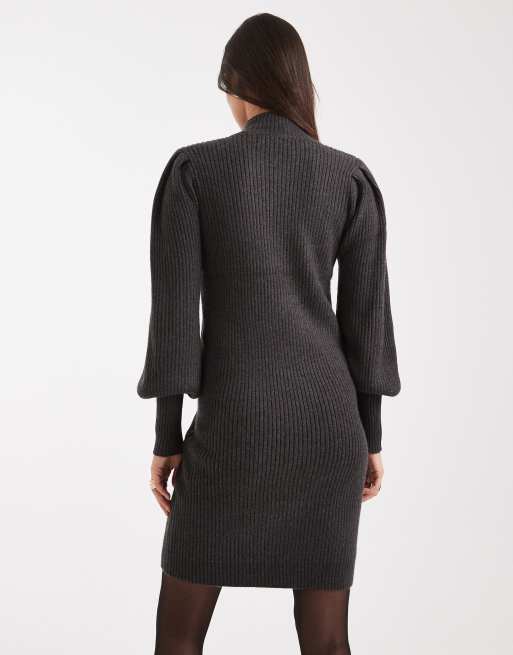 Only – Hochgeschlossenes, kurzes Pulloverkleid in Dunkelgrau mit Puffärmeln , 4 von 4