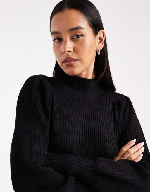 Only – Hochgeschlossenes, kurzes Pulloverkleid in Schwarz mit Puffärmeln , 2 von 4