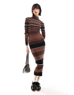 Only - Hochgeschlossenes Maxikleid aus Rippstrick in Braun gestreift-Brown