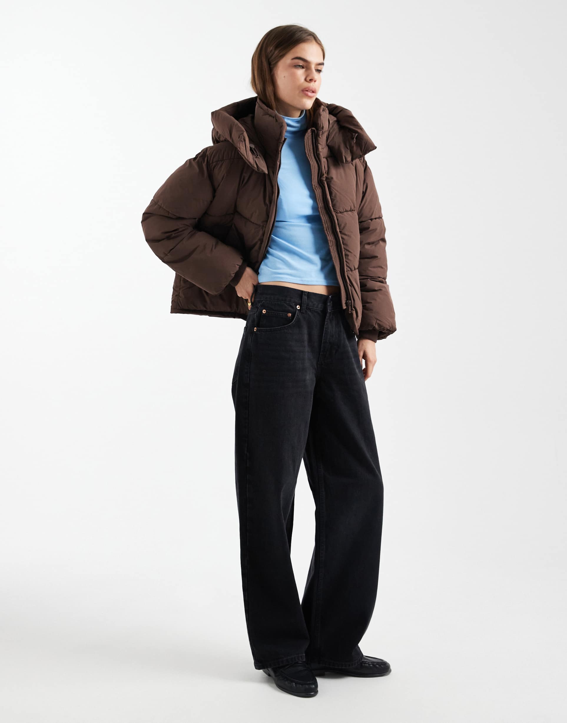 only hooded puffer jacket in chocolate brown