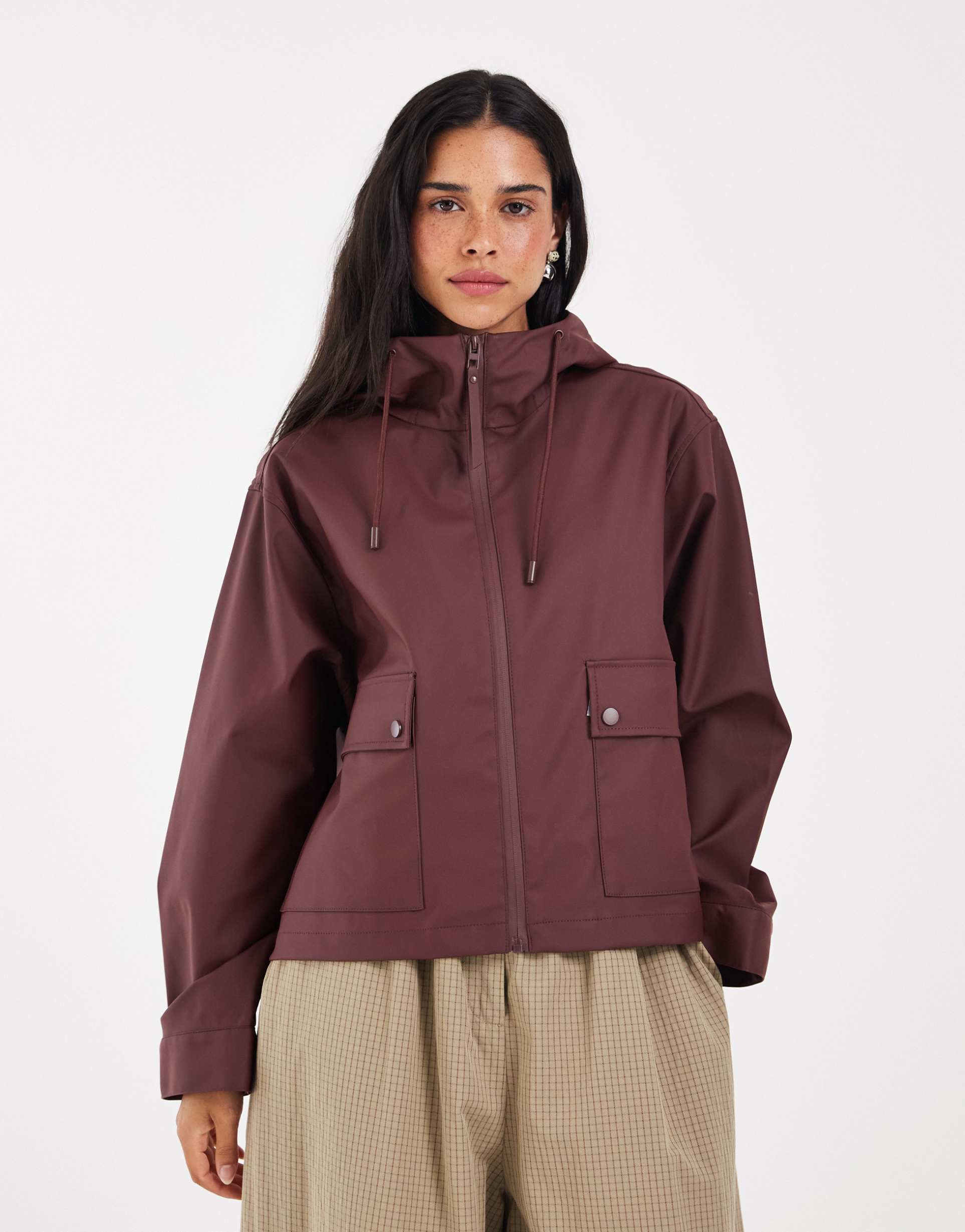 only hooded rain jacket in dark burgundy