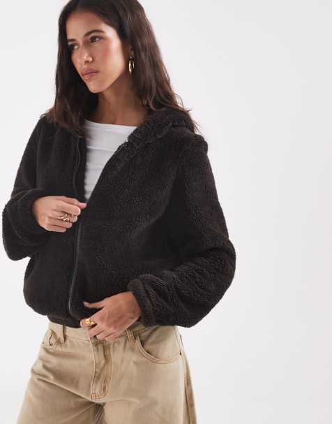 ONLY hooded teddy jacket in chocolate brown - view 1