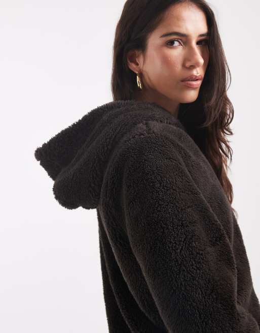 ONLY hooded teddy jacket in chocolate brown, 2 of 4