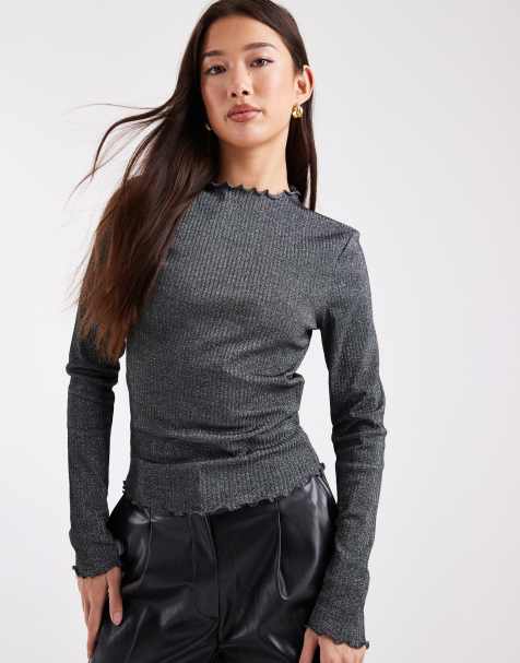 Only - Hoogsluitende geribbelde top met geschulpte rand in zwarte glitter - view 1