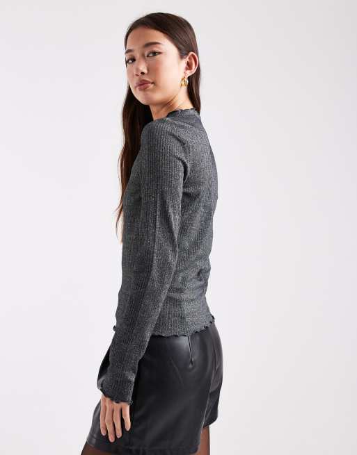 Only - Hoogsluitende geribbelde top met geschulpte rand in zwarte glitter, 4 van 4
