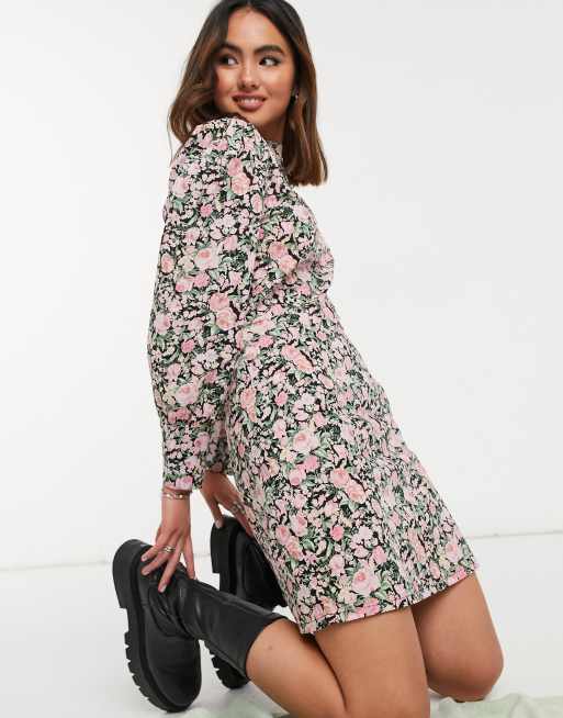 Only - Hoogsluitende mini jurk met pofmouwen in roze bloemenprint