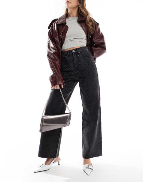 ONLY – Hope – Bleksvarta, jeans med vida ben och strass - view 1