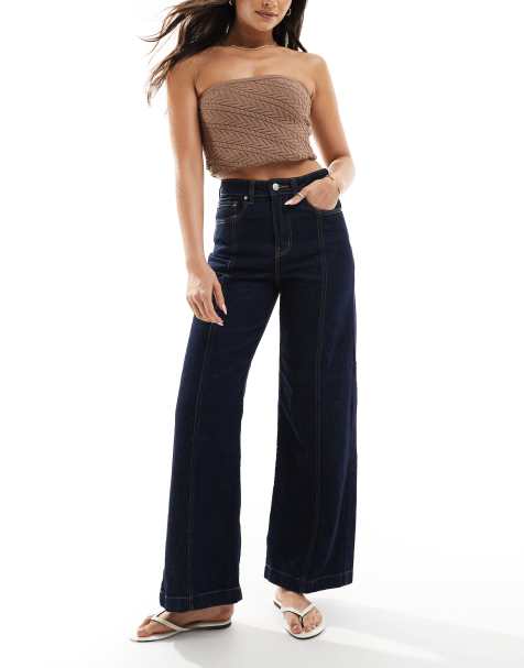 ONLY Hope high waist wide leg jeans with front seam detail in dark blue