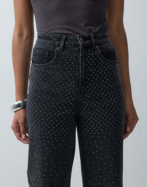Only – Hope – Czarne sprane jeansy z szerokimi nogawkami i strasami, 5 z 5