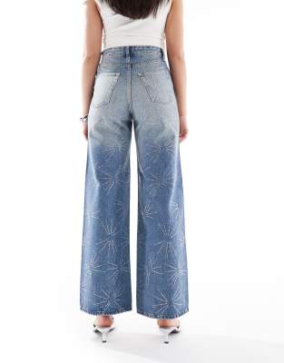 Only Hope Extra High Waist Wide Leg Rhinestone Jeans In Blue