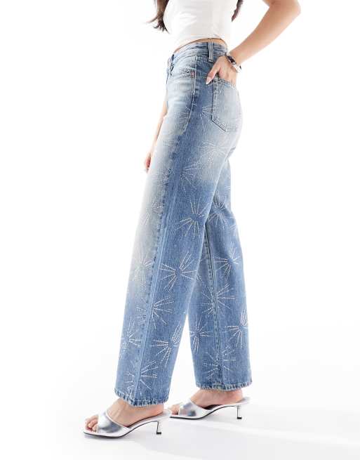 ONLY Hope extra high waist wide leg rhinestone jeans in mid wash