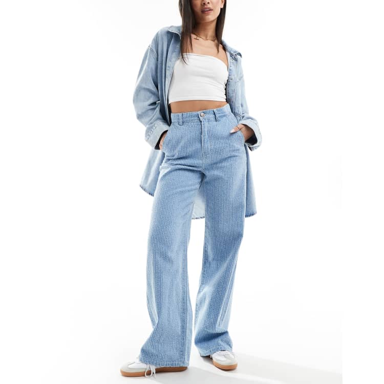 【oan】Rope Light Blue Denim Pants PLNOTME Womens High Waisted Striped Jeans Casual Straight