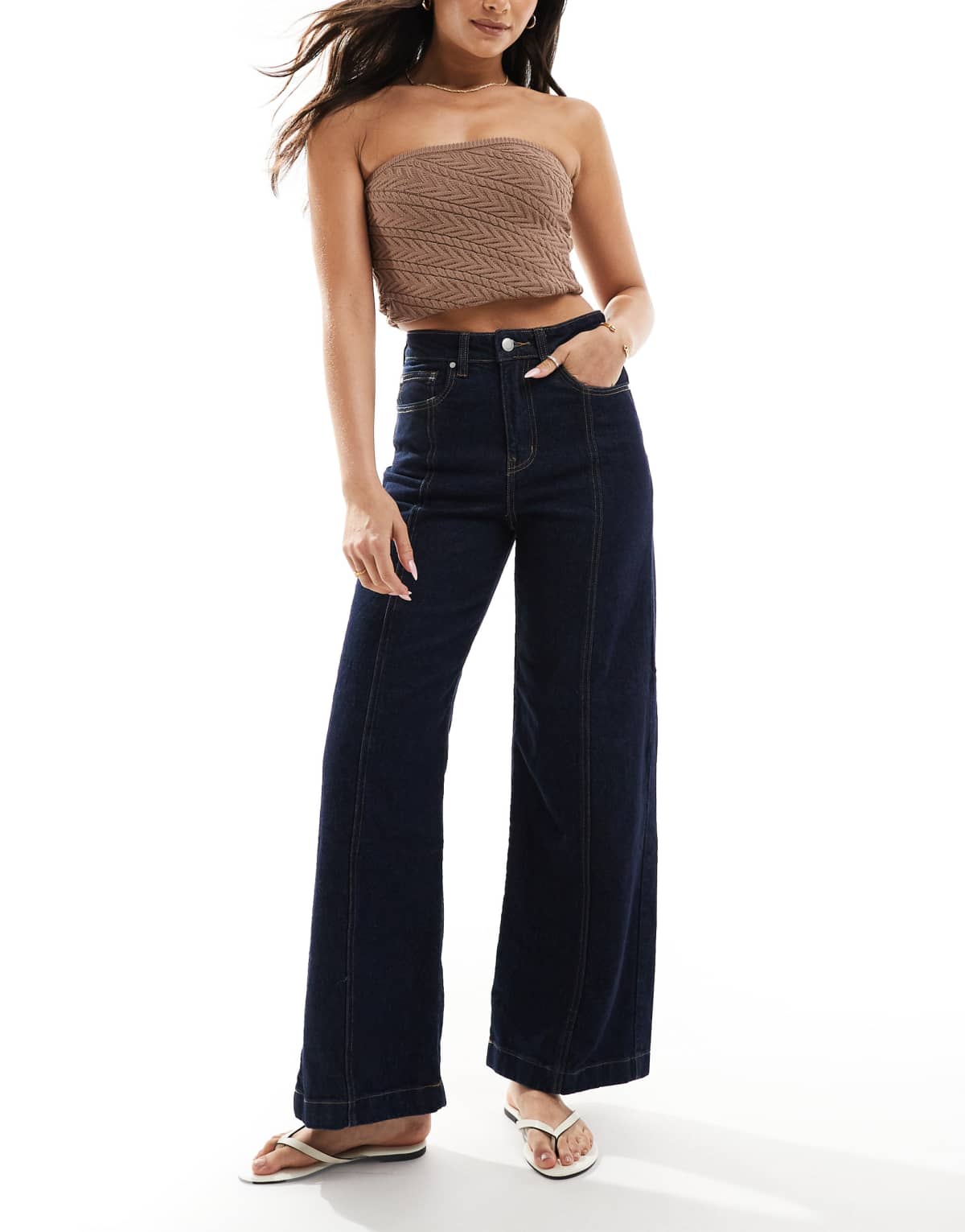 ONLY Hope high waist wide leg jeans with front seam detail in dark blue