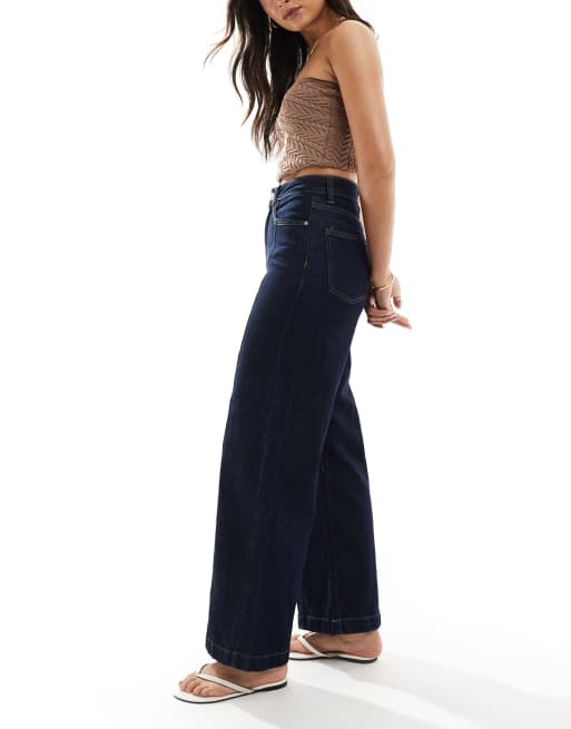 ONLY Hope high waist wide leg jeans with front seam detail in dark blue, 2 of 5