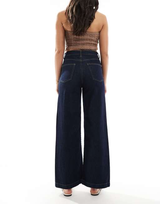ONLY Hope high waist wide leg jeans with front seam detail in dark blue, 3 of 5