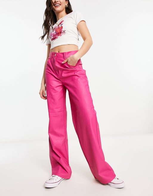 Only Hope high waisted faux leather pants in bright pink | ASOS