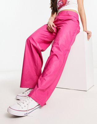 ONLY Hope high waisted faux leather trousers in bright pink