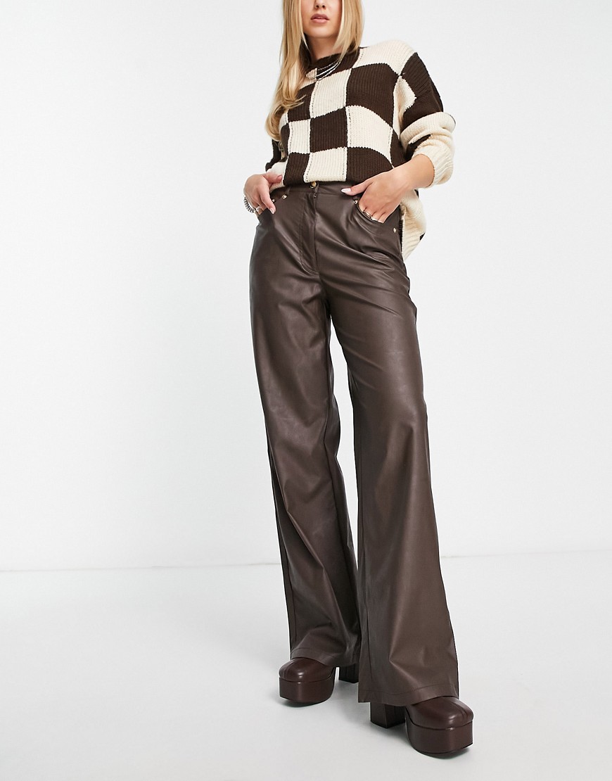 Only Hope high waisted faux leather trousers in brown