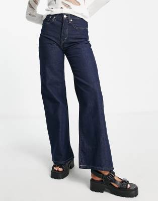 Only Hope High Waisted Wide Leg Jeans In Dark Blue-navy