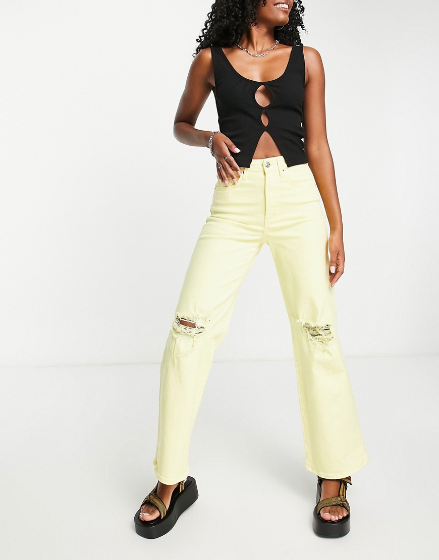 Only Hope High Waisted Wide Leg Jeans With Rips In Lemon-Yellow