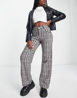 Only Hope high waisted wide leg trousers in grey check