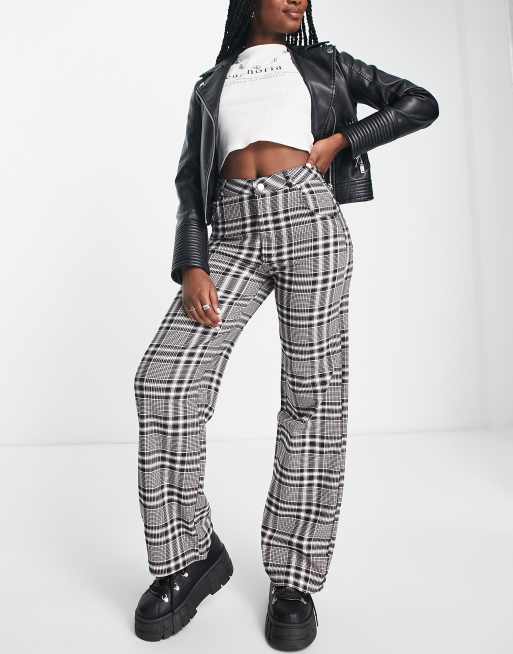 Grey check wide leg trousers sale