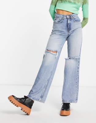 Only Hope cotton ripped wide leg jeans in mid blue wash - ASOS Price Checker