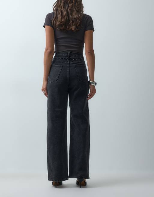 ONLY - Hope - Jeans a fondo ampio nero slavato con strass, 3 di 5